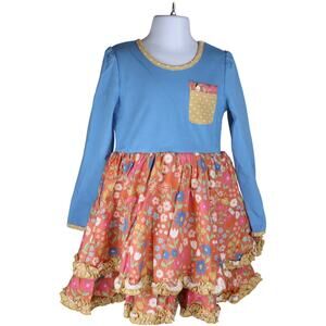 Matilda Jane Girls Dress NWT Ruffle Long Sleeve 5T Blue Orange Twirl Dress